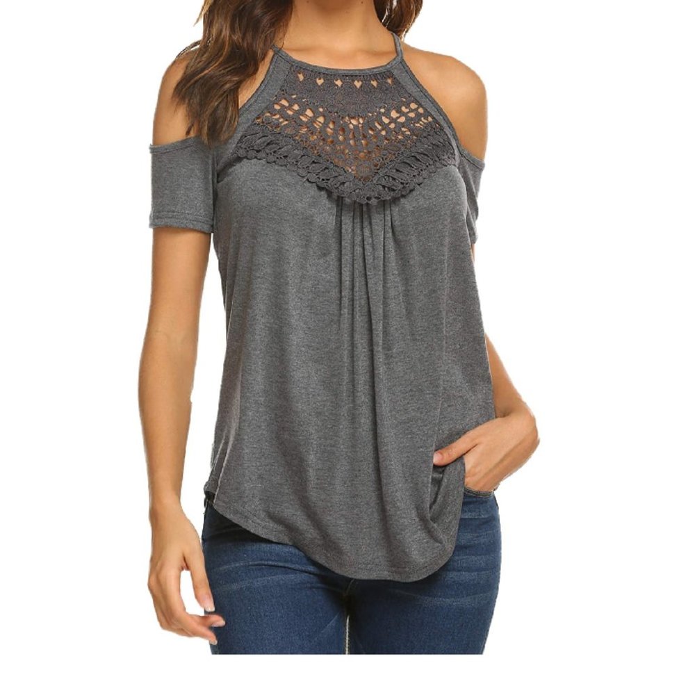 Women's Cold Shoulder Tops Summer Casual Short Sleeve Lace Loose Shirts striped